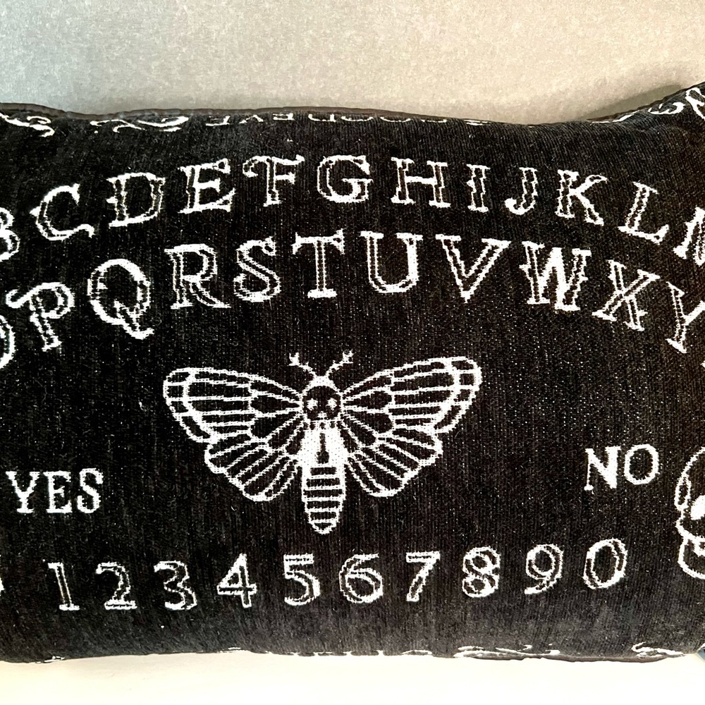 - Halloween Ouija Spirit Board Throw Pillow Black White Silver Metallic Thread